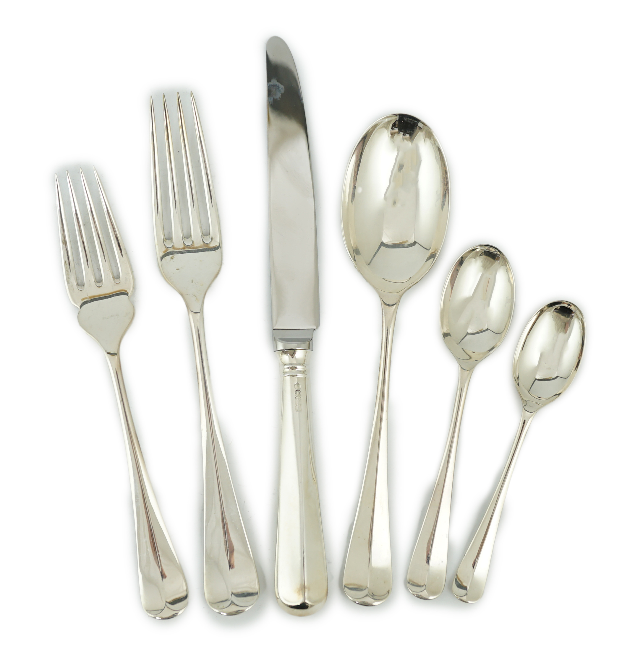 An Elizabeth II complete canteen of silver Hanovarian rat-tail pattern cutlery for twelve, by Carr's of Sheffield